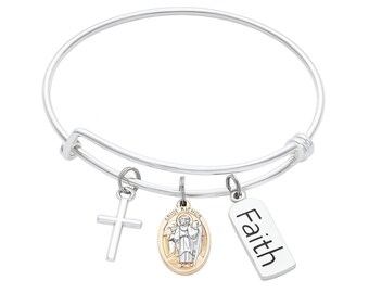 Saint Raphael Charm Bracelet: Two-Tone Archangel Jewelry, Catholic Gift
