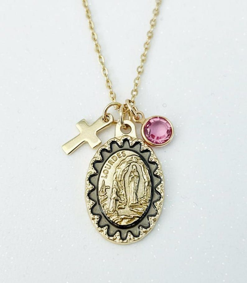 Our Lady of Lourdes Gold Medal Necklace With Birthstone Cross Charm - Etsy