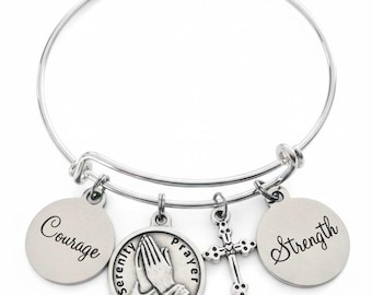 Serenity Prayer Charm Bracelet Silver, Faith Courage Strength Bracelet, Religious Christian Gift, Adjustable Bangle
