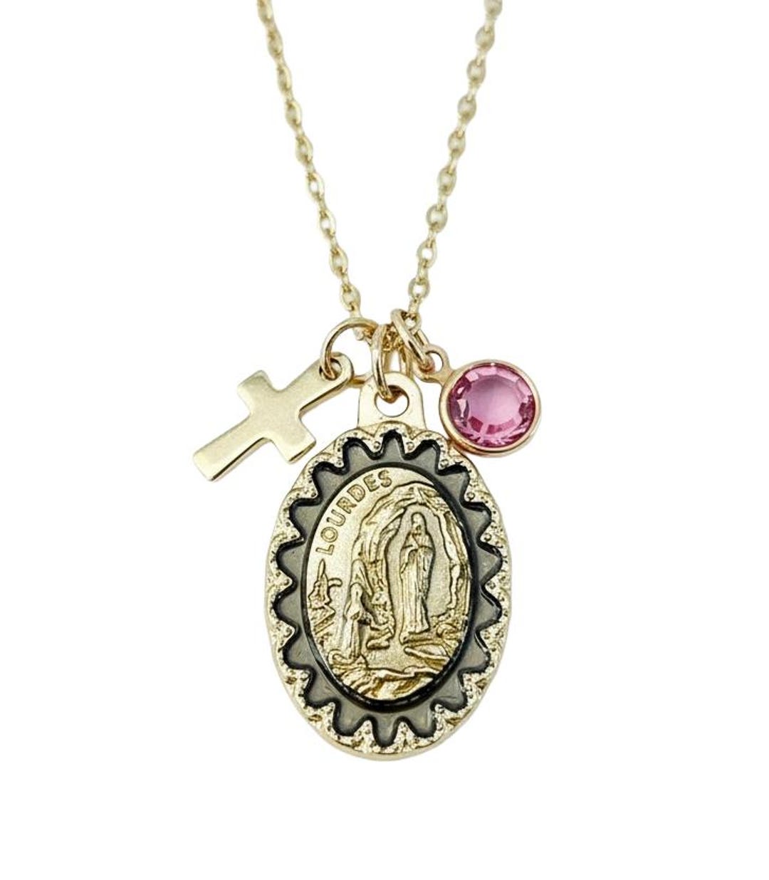 Our Lady of Lourdes Gold Medal Necklace With Birthstone Cross Charm - Etsy