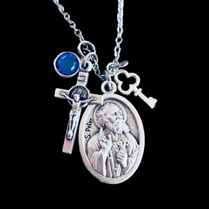Saint Peter and the Keys to Heaven Saint Peter Medal Necklace Custom Jewelry Crucifix Birthstone Saint Paul on Back