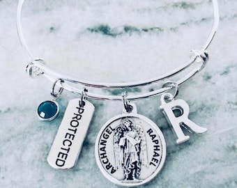 Archangel Raphael Bracelet, Silver Bangle with Saint Medal, Personalized Confirmation Gift for Her, Catholic Healing Prayer Angel Jewelry