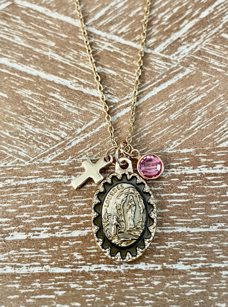 Our Lady of Lourdes Gold Medal Necklace With Birthstone Cross Charm - Etsy