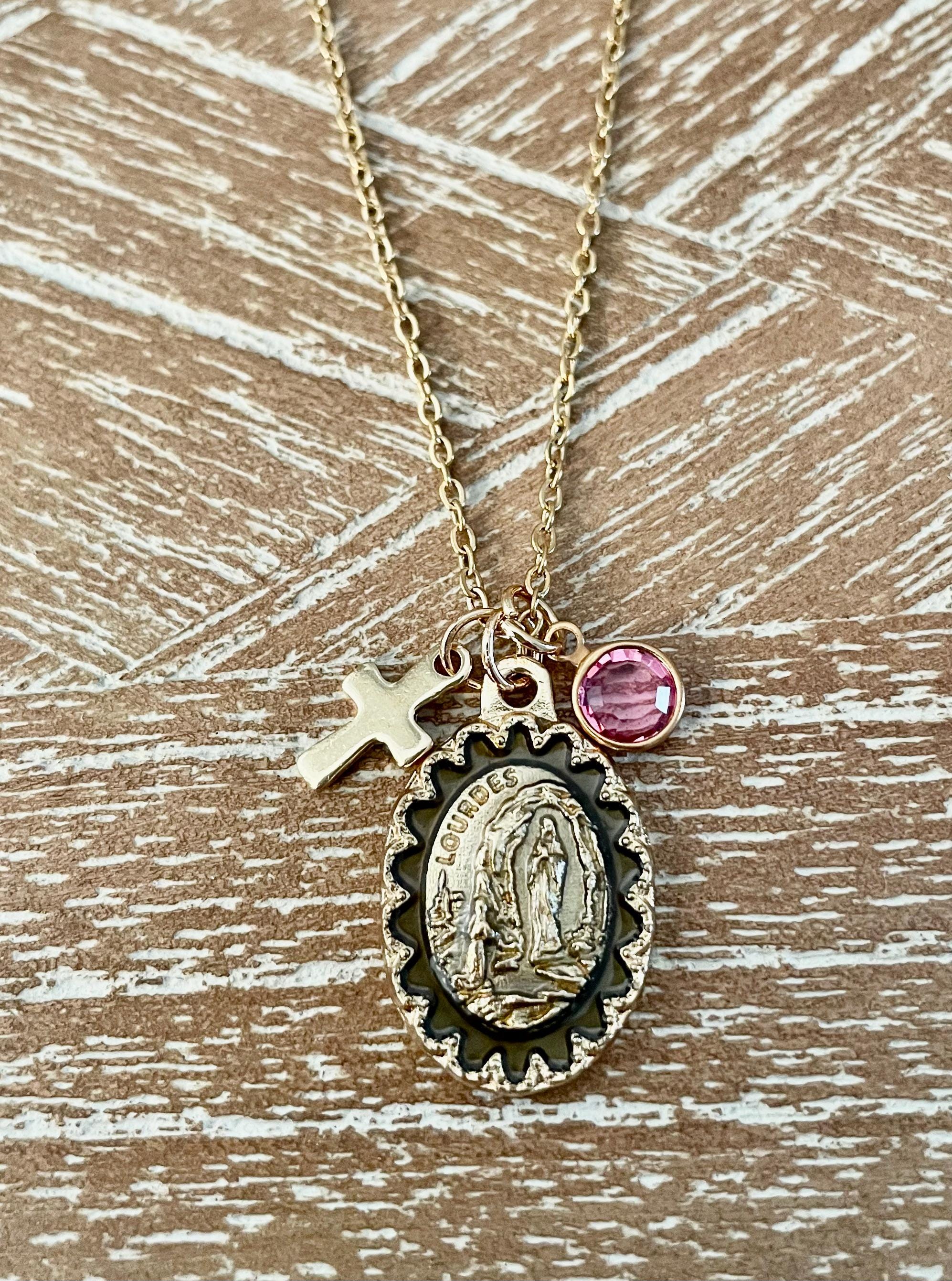 Our Lady of Lourdes Gold Medal Necklace With Birthstone Cross Charm - Etsy