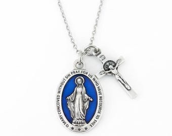 Collar de Medalla Milagrosa Azul con Crucifijo y Piedra de Nacimiento, Colgante Católico de Plata Oxidada