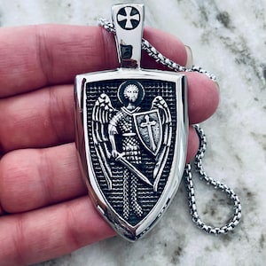 Saint Michael Shield Pendant Necklace: Stainless Steel Archangel Protection