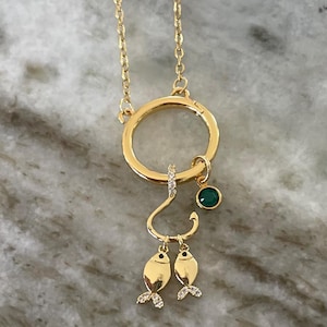 Gold Fish Hook Necklace with Birthstone | 18K Gold Plated Fishing Charm Pendant | Personalized Gift for Her | Removable Charms