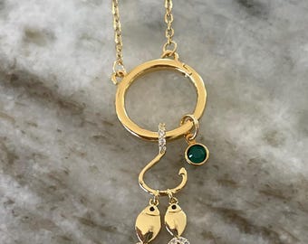 Gold Fish Hook Necklace with Birthstone, 18K Plated Fishing Charm Pendant, Nautical Ocean Theme Jewelry, Unique Gift for Fisherman Her