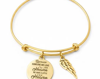 Gold Memorial Charm Bracelet Personalized Initial Birthstone – Angel Wing Heaven Quote Adjustable Bangle