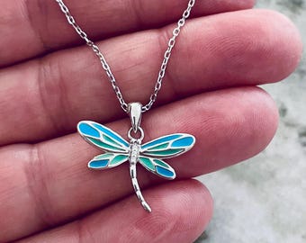 Collar de libélula de esmalte azul • Colgante de plata de ley 925