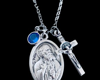 St Peter Necklace. Stainless Steel Box Chain With Saint Medal and