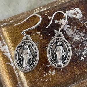 Miraculous Mary Earrings: Sterling Silver Religious Medal Dangle