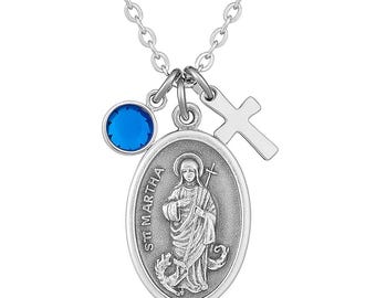 Collana di Santa Marta – Medaglia in argento ossidato, pietra portafortuna e croce in acciaio inossidabile