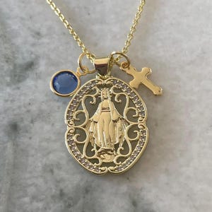 Personalized Miraculous Mary Necklace 18K Gold Plated CZ Saint Virgin Mary Pendant Catholic Medal Custom Charm Necklaces