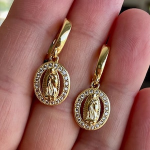 Gold Virgin Mary Earrings: Crystal Our Lady of Guadalupe Medallion