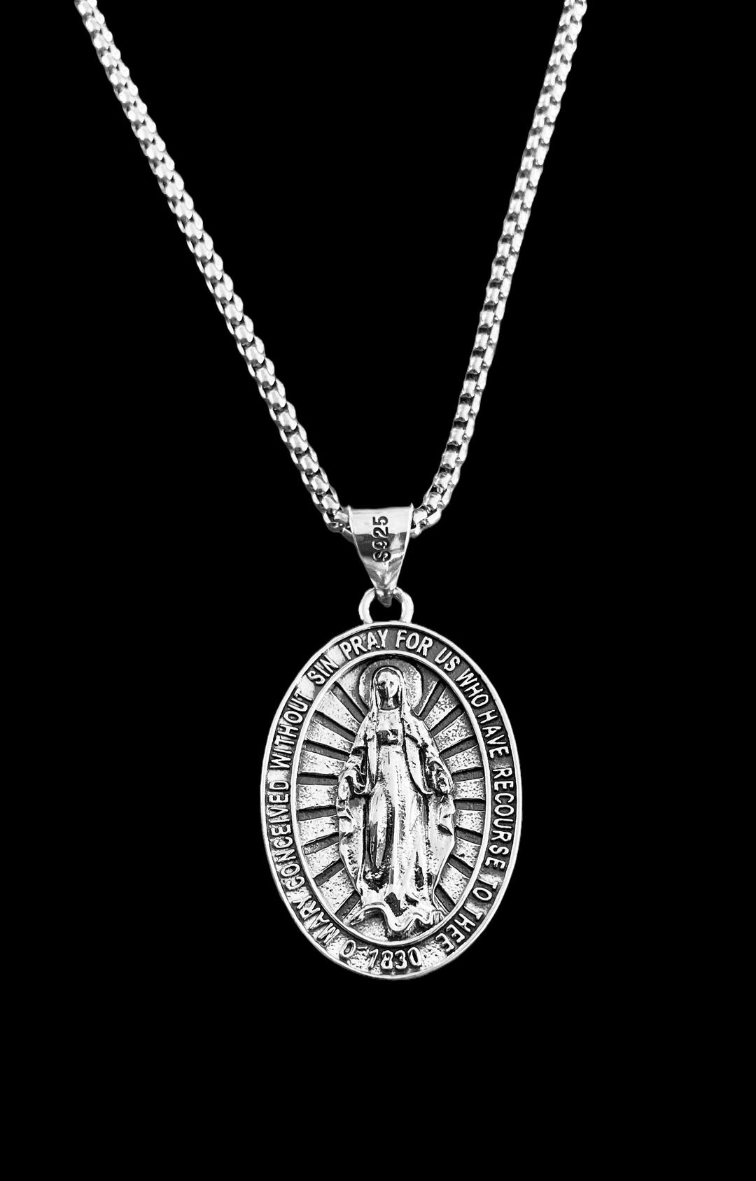Sterling Silver Miraculous Medal Necklace: Our Lady of Graces Pendant ...