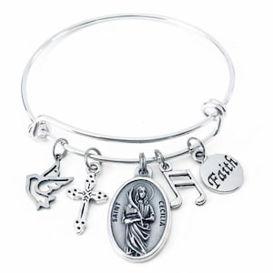 Saint Cecilia Charm Bracelet: Silver Music Note Bangle, Confirmation Gift