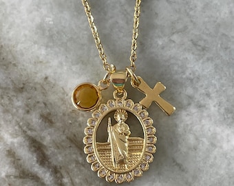 18K Gold Filled Saint Jude Halskette: Katholische Schutzpatron Medaille mit Geburtsstein