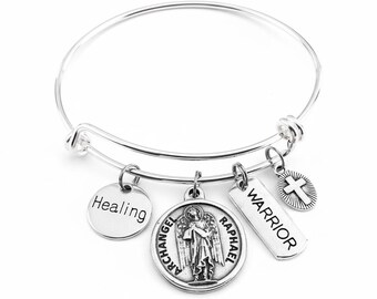 Bracciale Arcangelo San Raffaele – Guarigione e Guerriero – Bracciale espandibile in argento con medaglia cattolica in argento ossidato