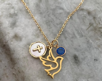 Gold Dove Necklace: Stainless Steel Chain, Cross, Birthstone - Christian Gift