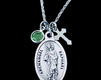 Archangel Raphael Necklace: Italian Silver Oxidized Medal, Cross, Birthstone