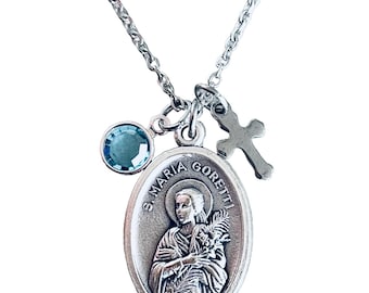 St Maria Goretti Necklace, Oxidized Silver Medal, Personalized Birthstone, Catholic Gift