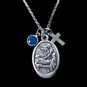 Saint Colette Necklace, Oxidized Silver Medal with Cross and Birthstone Personalized Confirmation Gift for Girls Religious  Gifts