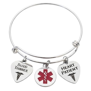 Personalized Blood Thinner Medical Alert Bracelet for Women, Stainless Steel Heart Charm Silver Bangle