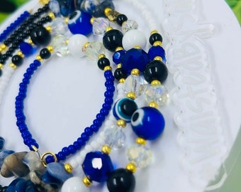 Conta de cintura com proteção contra mau-olhado, conta de cintura azul, conta de cintura com mau-olhado