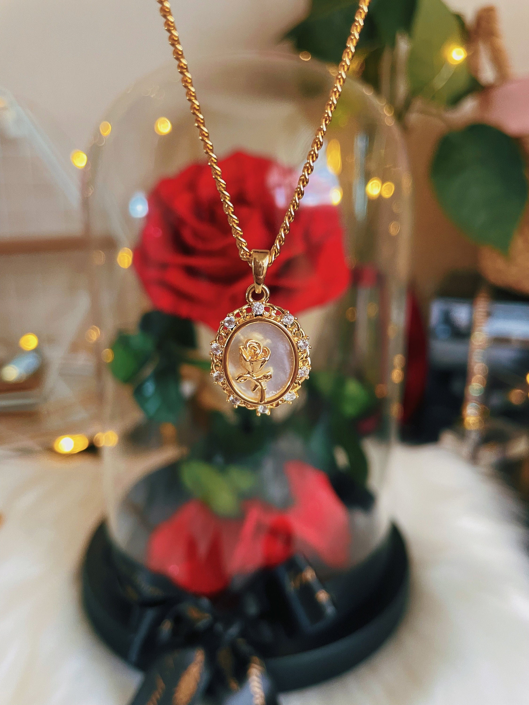 Lamdoo Beauty And Beast Golden Filled 3D Red Rose Pendant Necklace For Women - Real Rose Preserved In Gold