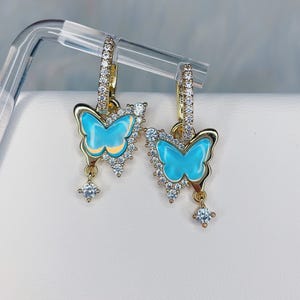 Celeste Butterfly Earrings, Mini Hoop Earrings, Cute Earrings, 14k Gold Filled, Blue Earrings, Dangling Earrings, Light Blue Butterfly