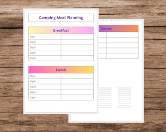 Afdrukbare campingmaaltijdplanner - afdrukbare campingboodschappenlijst - campingsnackplanner - campingvoeding winkelen - campingmaaltijdschema
