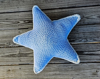 Handmade Crochet Star Pillow - Sparkly Star Pillow - Blue and Teal Decorative Crochet Pillow - Plushie Crochet Pillow - Sparkly Pillow