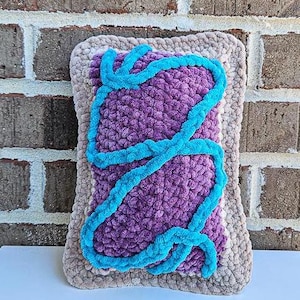 May include: A purple and blue crocheted pillow shaped like a pop-tart. The pillow has a brown border and is made with a fluffy yarn.