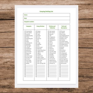 Druckbare Camping Packliste - Camping Plannung - druckbare Tent Camping Checkliste - druckbare Auto Camping Checkliste - Camper Packliste