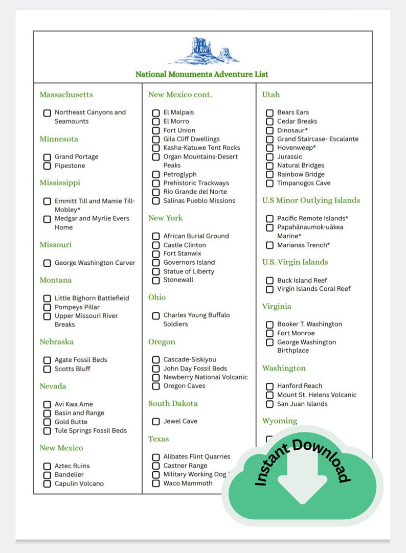 National Monuments Checklist - Printable National Monuments Road Trip