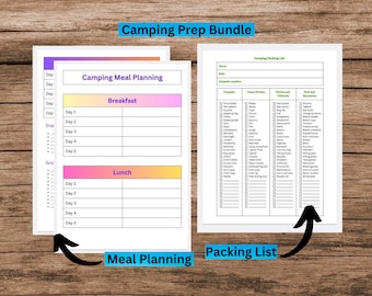 Campingvoorbereidingsbundel - Campingmaaltijdplanner - Campingpaklijst - Afdrukbare campingbundel - Tentkampeerbundel - Campingboodschappenlijst