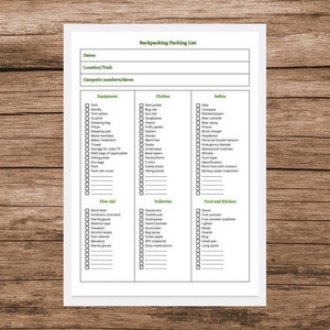 Puede incluir: Una lista de verificación de embalaje para mochileros imprimible con categorías para equipo, ropa, seguridad, primeros auxilios, artículos de tocador y comida y cocina. La lista incluye artículos como una tienda de campaña, un saco de dormir, una chaqueta impermeable, una brújula, un botiquín de primeros auxilios, artículos de tocador, una estufa y comida.