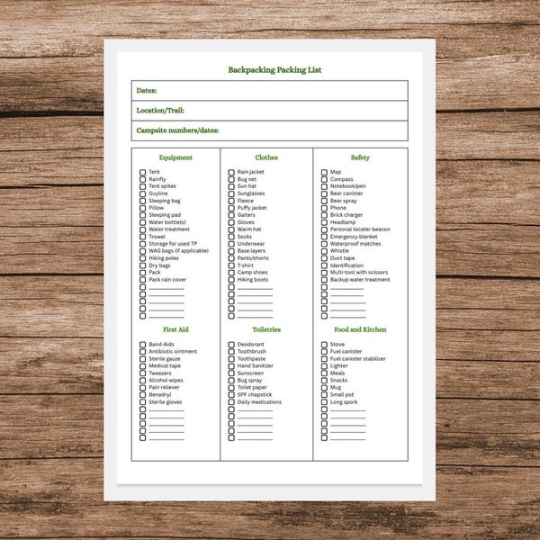 Backpacking Packing List - Backcountry Planning - Backpacking Checklist - Printable Backcountry Gear Checklist - Reusable Backpacking List