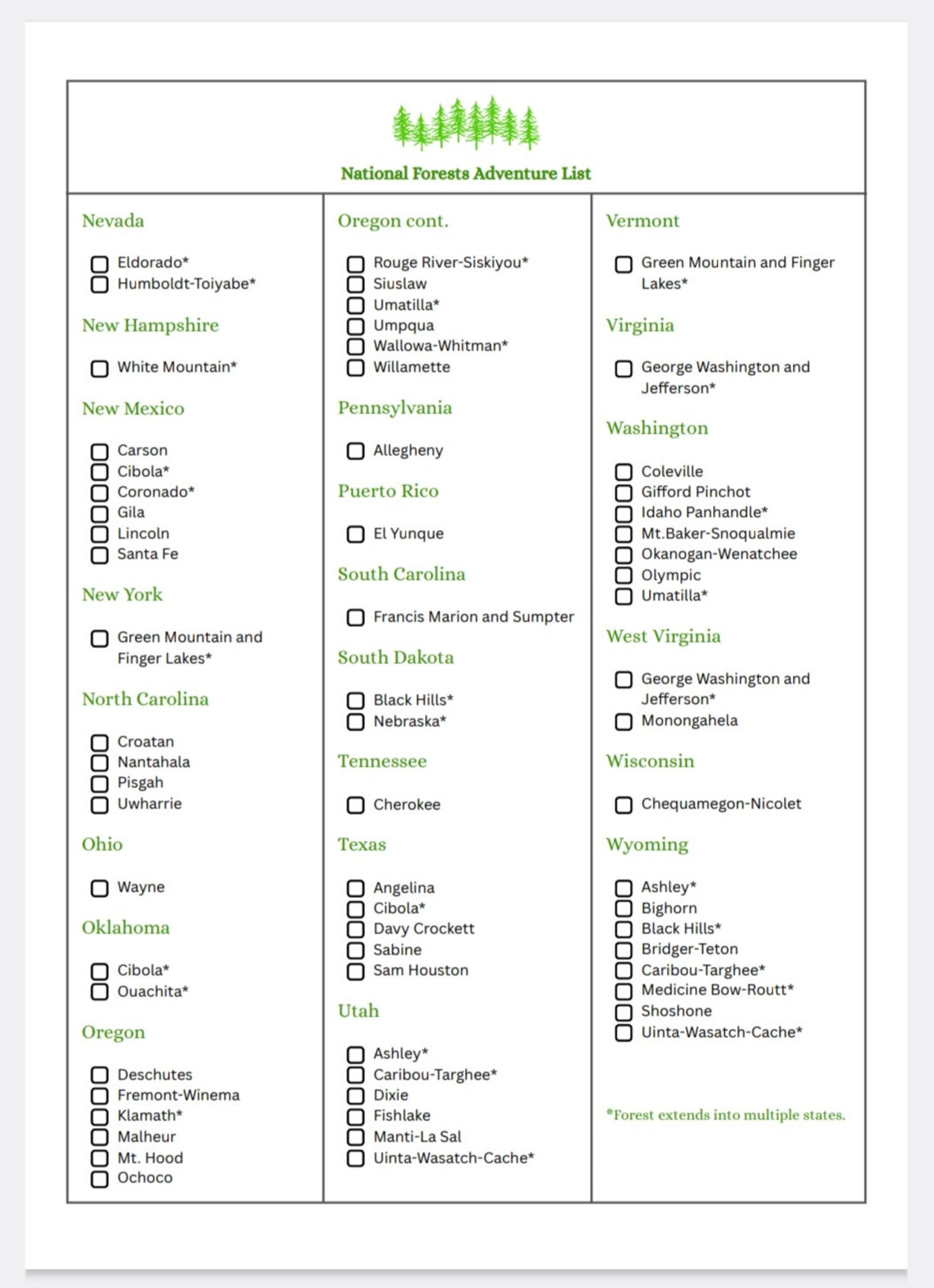 National Forests Checklist - Printable National Forests Road Trip Checklist - National Forests ...