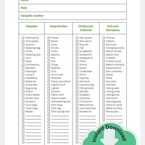 Camping packing list with four columns.