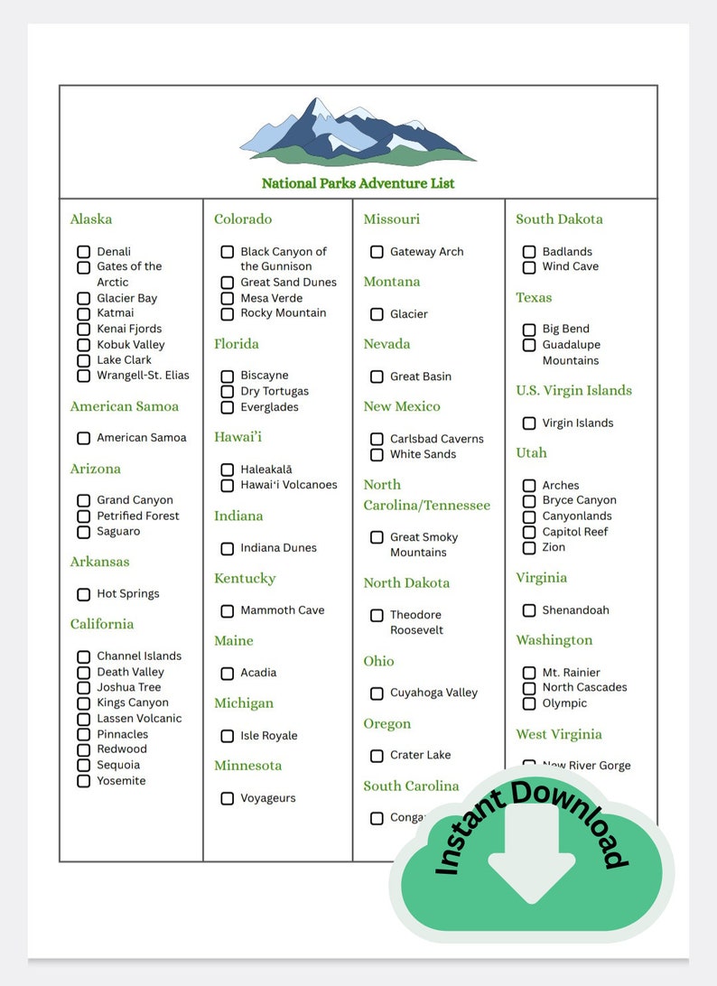 National Parks and Forests Checklist Printable National Parks and Forests Road Trip Checklist ...
