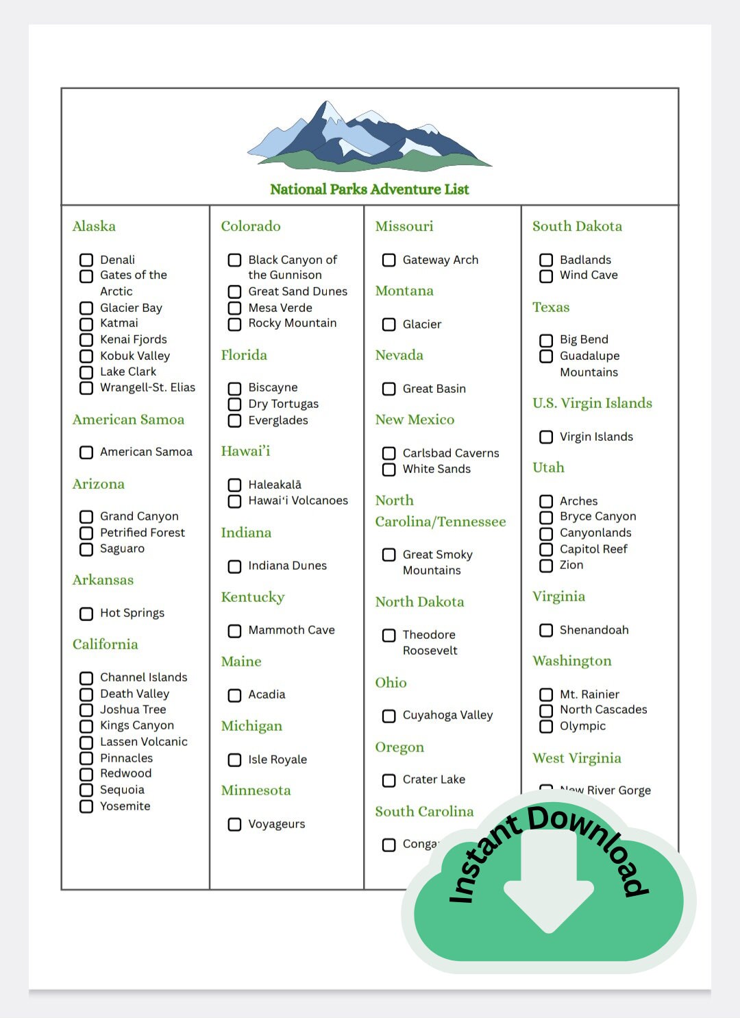 National Parks and Forests Checklist Printable National Parks and ...