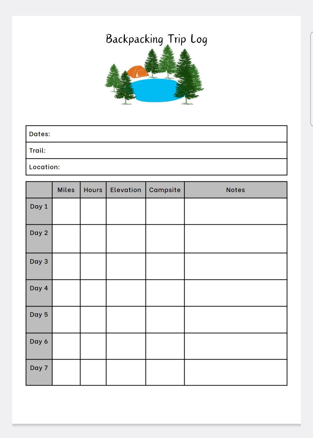 Backpacking Trip Log - Printable Backcountry Hiking Trip Tracker ...