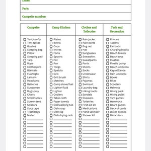 Camping packing list with four columns.