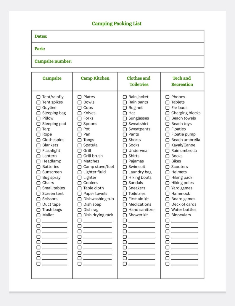 Camping packing list with four columns.