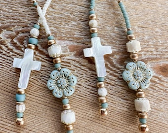 Cross & Flower (Seafoam/Gold) Beaded Bookmark