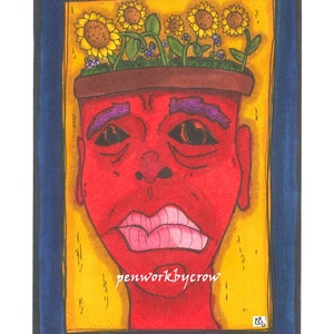 May include: A red face with a pot on its head. The pot is filled with yellow sunflowers and green leaves. The face has purple eyebrows and a pink mouth. The background is yellow with a blue frame.