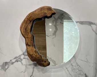 Round Mirror, Wooden Mirror, Mirror Live Edge Wooden Frame, Mirror with LED light, Bathroom Mirror, Miror Rustik Frame