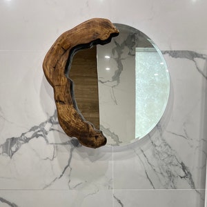 Round Mirror, Wooden Mirror, Mirror Live Edge Wooden Frame, Mirror with LED light, Bathroom Mirror, Miror Rustik Frame